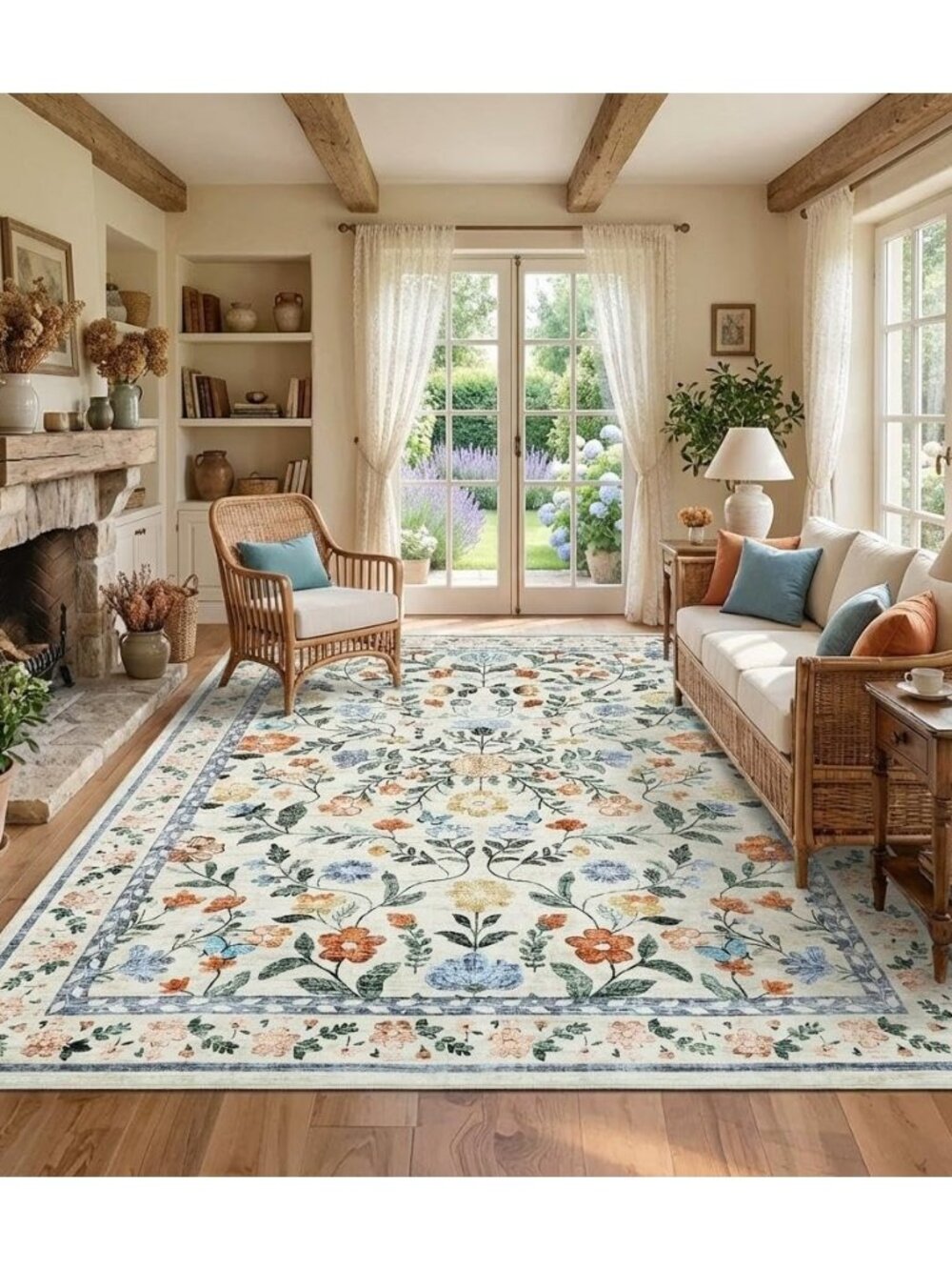 5x7 Washable Floral Area Rug Low Pile Nursery Bedroom Green